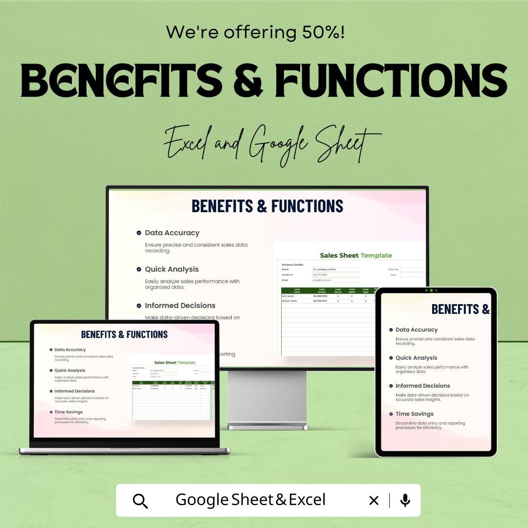 Sales Sheet Template - Excel & Google Sheets Tracker for Sales Data, Performance Metrics, and Revenue Tracking