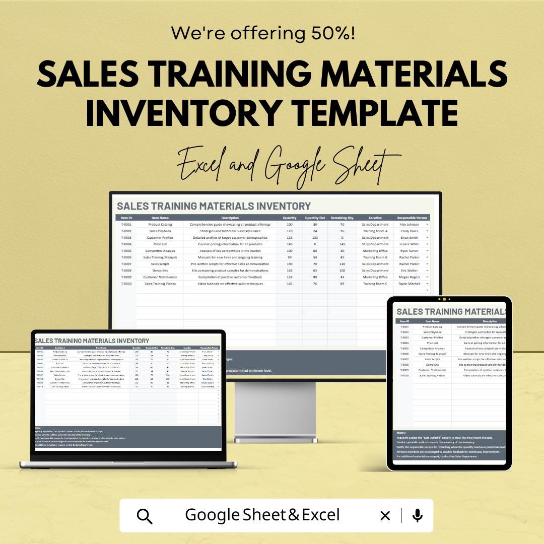 Sales Training Materials Inventory Template | Excel & Google Sheets | Training Resource Tracker | Sales Training Planner | Digital Download