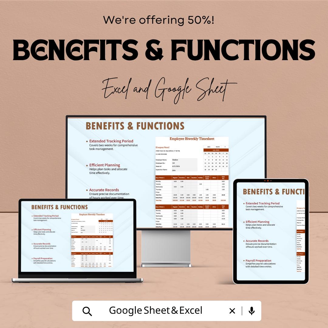 Employee Bi Weekly Timesheet Template, Payroll Tracker, Work Hours Log, Biweekly Time Tracker
