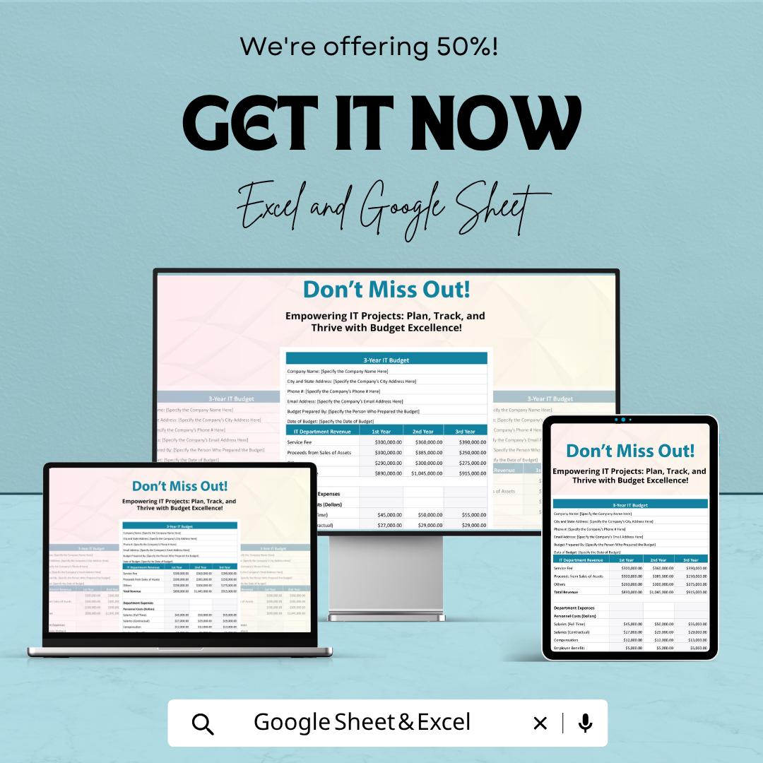 3-Year IT Project Budget Template | IT Budget Spreadsheet | Project Cost Tracker Template |  IT Financial Planning Sheet