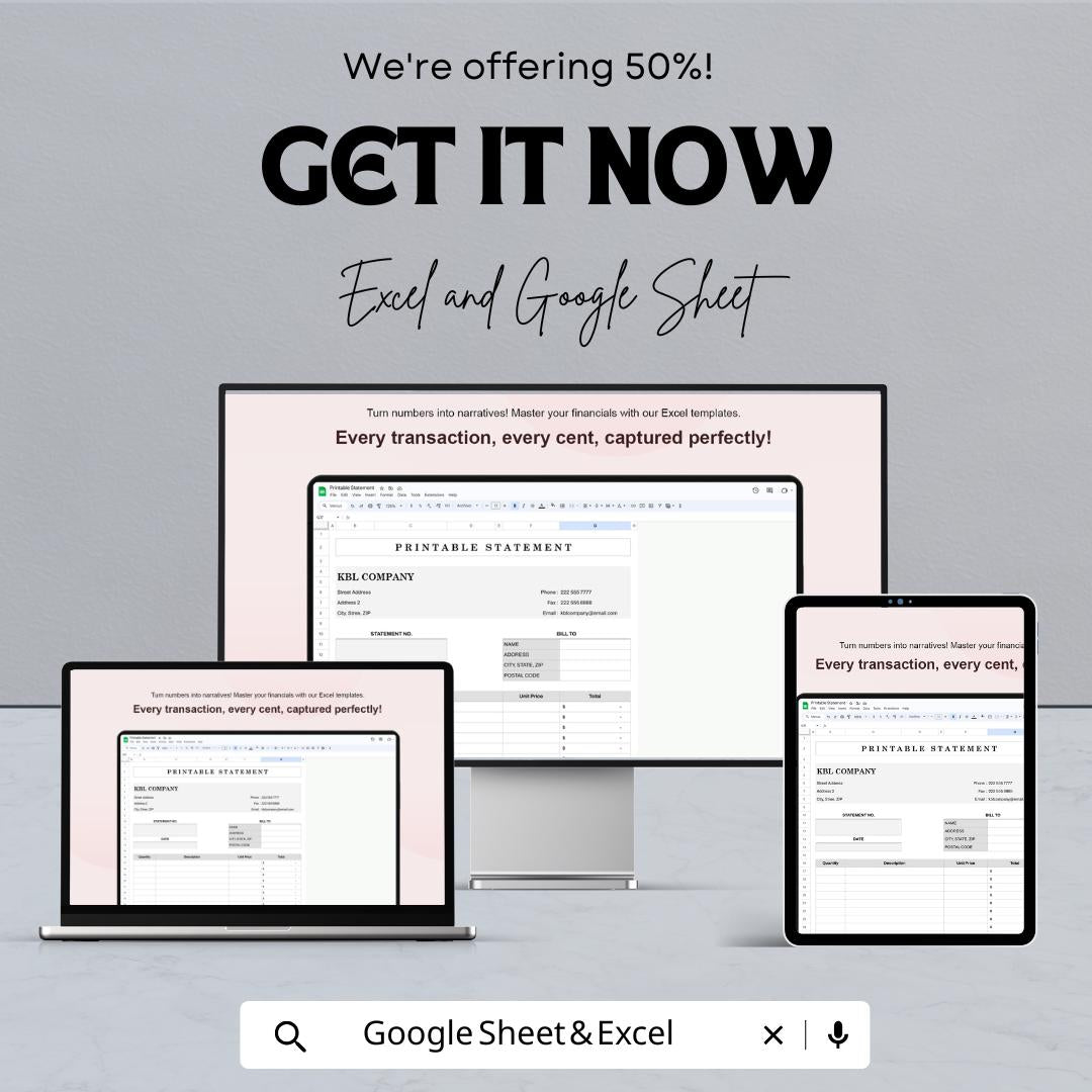 Printable Statement Sheet Template | Excel and Google Sheets | Business Invoice & Billing Form | Financial Record Sheet | Digital Download