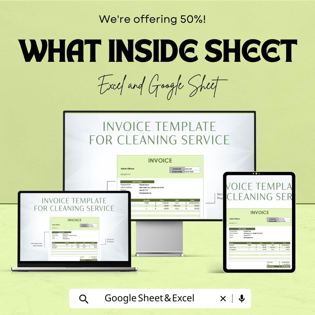 Invoice Sheet for Cleaning Service | Excel & Google Sheets Template | Easy Billing for Cleaners
