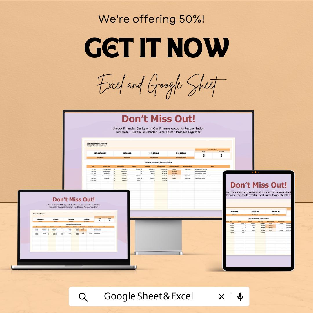 Finance Accounts Reconciliation Template | Account Balance Tracker | Financial Statement Matching |  Accounting Spreadsheet