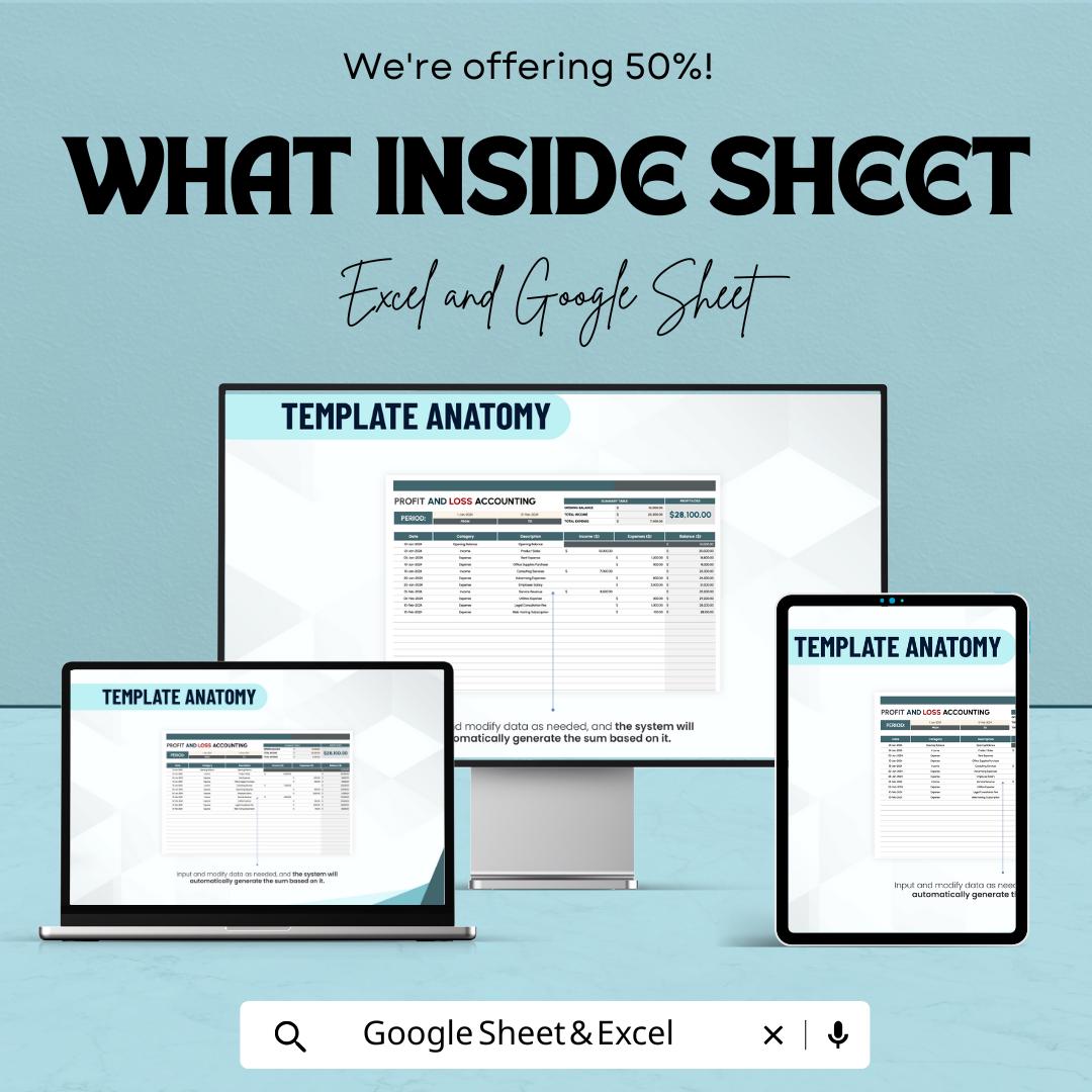 Profit and Loss Accounting Template | Excel and Google Sheets P&L Statement | Income and Expense Tracker | Business Profit Loss Report