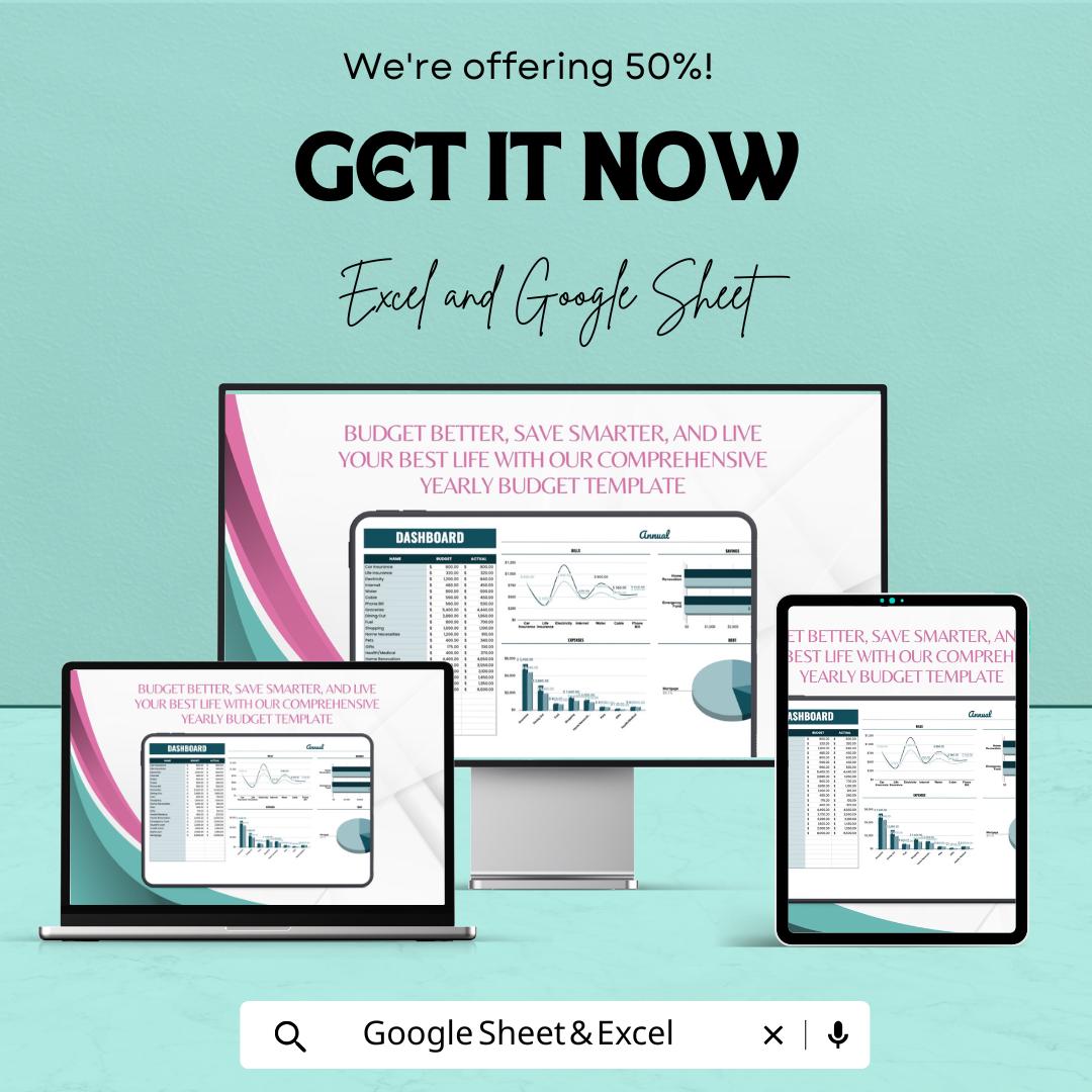 Yearly Budget Template | Excel & Google Sheets | Annual Budget Planner with Dashboard | Personal Finance Spreadsheet