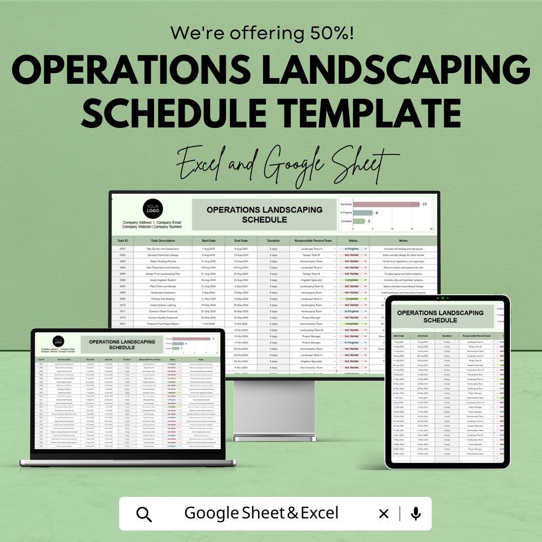 Landscaping Schedule Template, Operations Landscaping Planner, Lawn Care Task Tracker, Maintenance Schedule, Excel Google Sheets