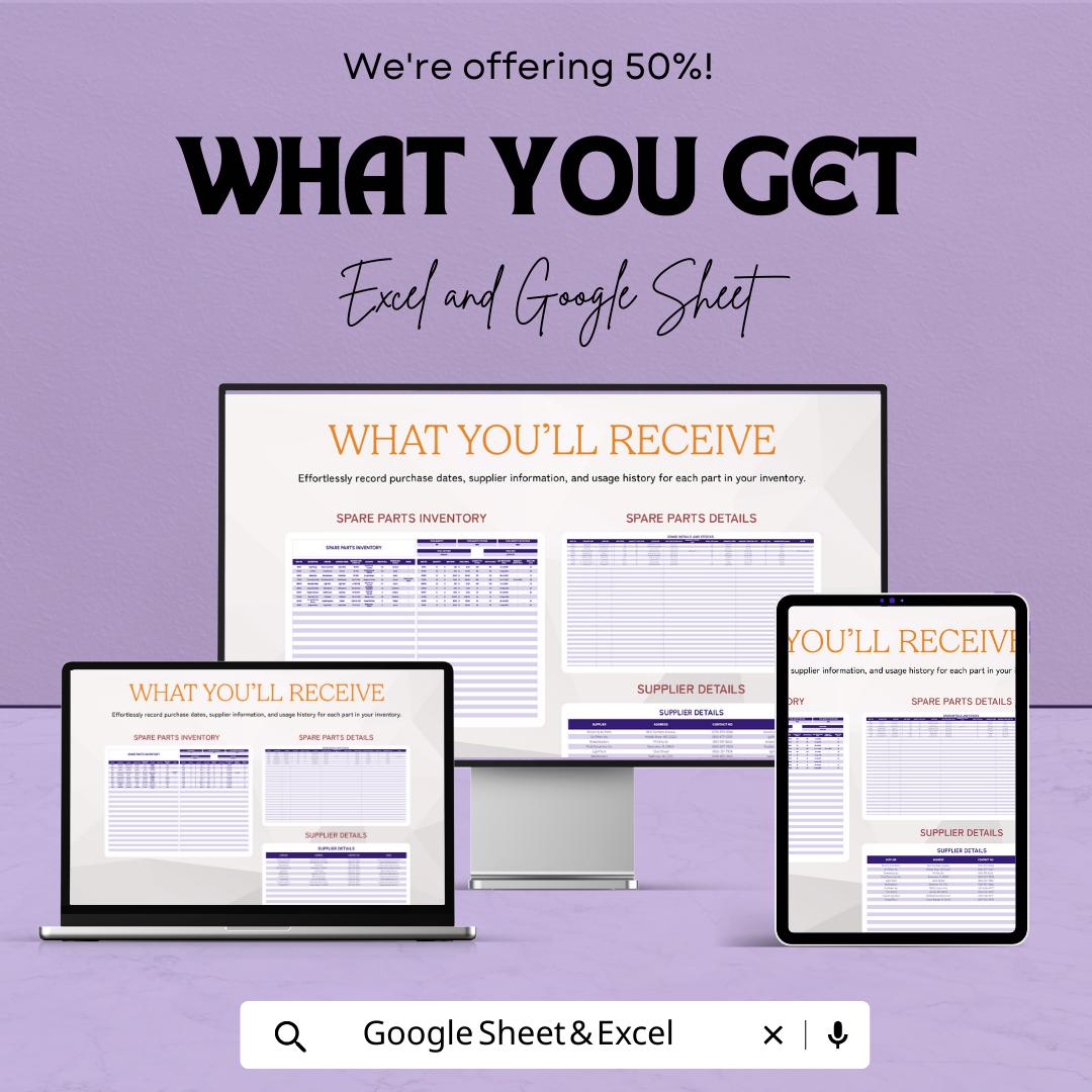 Spare Parts Inventory Template Excel & Google Sheets | Parts Inventory Tracker | Maintenance Stock Spreadsheet | Equipment Parts Log