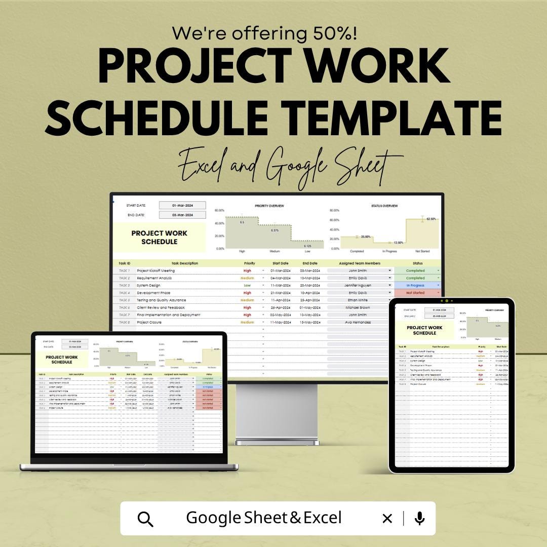 Project Work Schedule Template | Project Planner Spreadsheet | Task Tracker | Timeline Planner | Excel & Google Sheets | Project Management