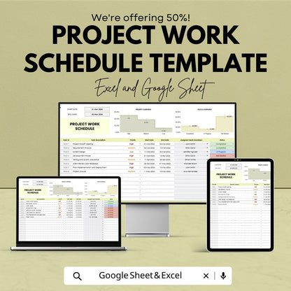 Project Work Schedule Template | Project Planner Spreadsheet | Task Tracker | Timeline Planner | Excel & Google Sheets | Project Management