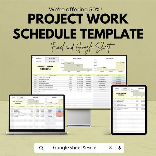 Project Work Schedule Template | Project Planner Spreadsheet | Task Tracker | Timeline Planner | Excel & Google Sheets | Project Management