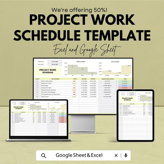 Project Work Schedule Template | Project Planner Spreadsheet | Task Tracker | Timeline Planner | Excel & Google Sheets | Project Management