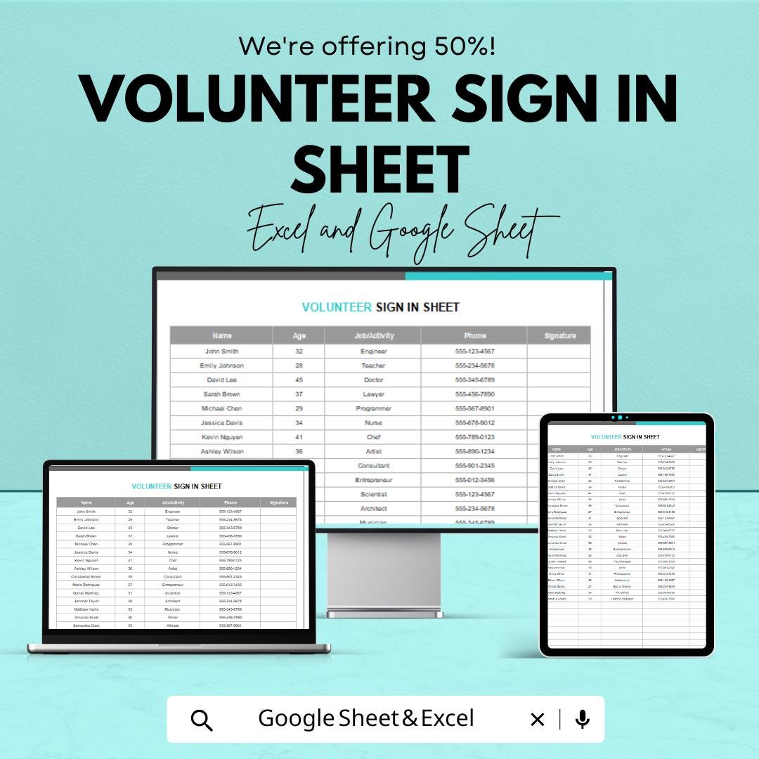Volunteer Sign-In Sheet | Excel and Google Sheet Template | Track Volunteer Hours & Activities | 50% Off