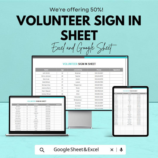 Volunteer Sign-In Sheet | Excel and Google Sheet Template | Track Volunteer Hours & Activities | 50% Off