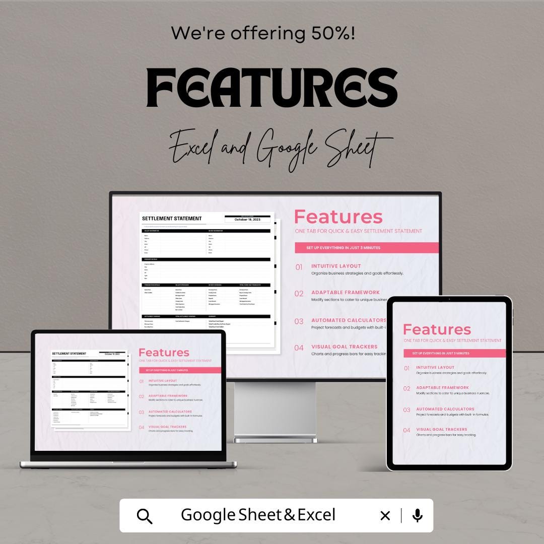 Settlement Statement Template | Excel and Google Sheet | Real Estate Closing Sheet | Buyer & Seller Financial Summary Form