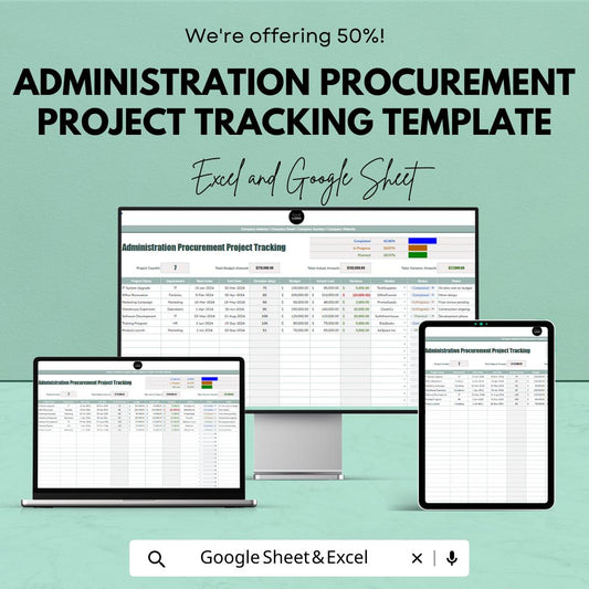 Administration Procurement Project Tracking Template, Procurement Tracker, Purchase Management Spreadsheet, Excel & Google Sheets