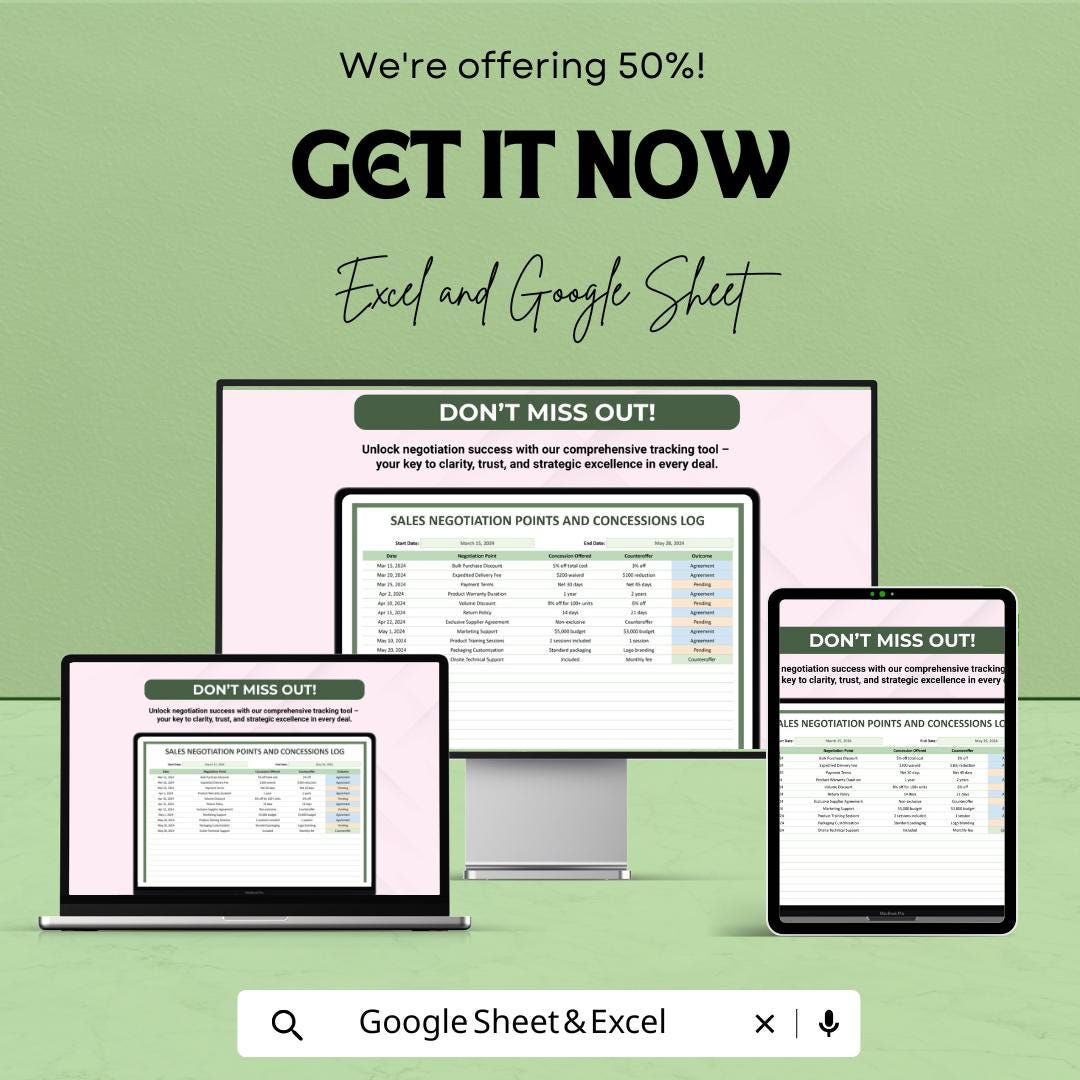 Sales Negotiation Points and Concessions Log Template | Negotiation Tracker | Deal Concessions Log | Sales Management Tool