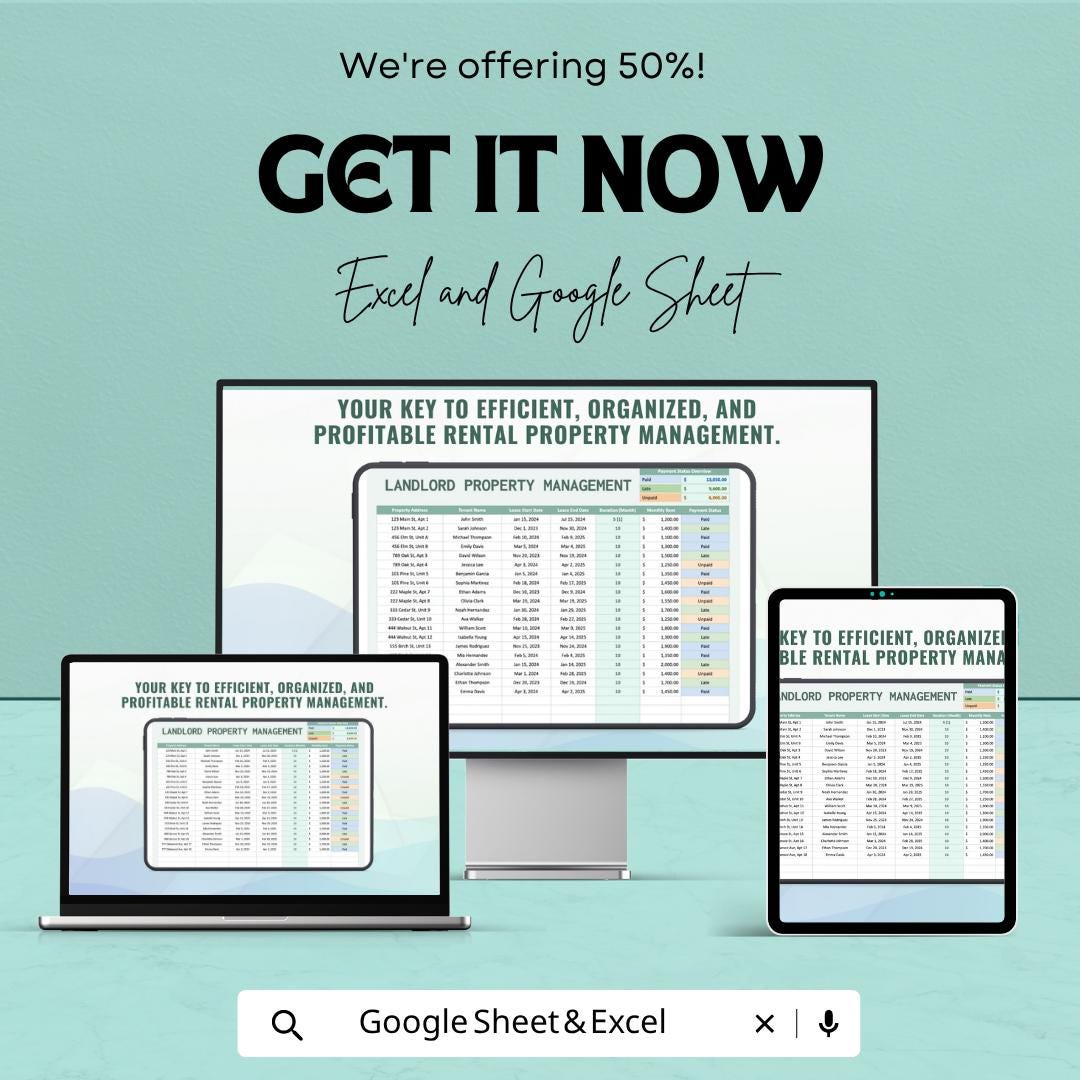 Landlord Property Management Template Excel Google Sheets | Rental Property Tracker | Tenant Management Spreadsheet | Rent Tracker |