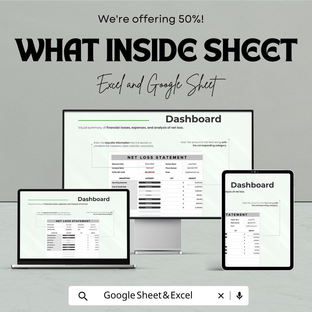 Net Loss Statement Sheet - Excel & Google Sheets | Financial Loss Tracker | Expense and Loss Analysis | Net Loss Report Template | 50% OFF