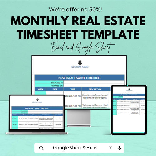 Monthly Real Estate Timesheet Template | Real Estate Agent Time Tracker | Excel & Google Sheets | Agent Work Log