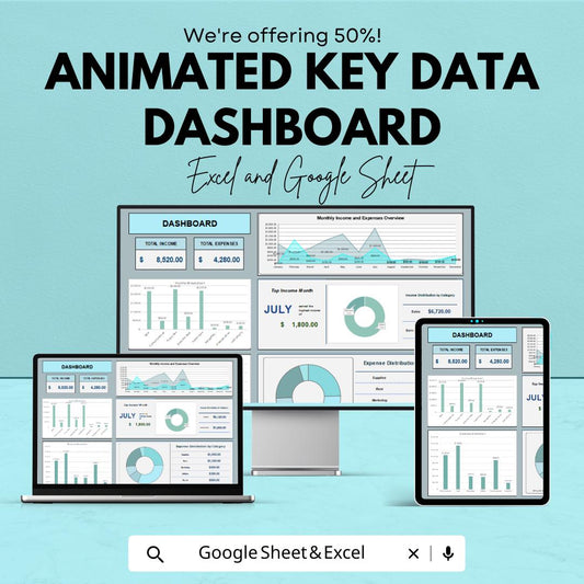 Animated Key Data Dashboard | Google Sheets and Excel Template | Interactive Business KPI Report | Expense Tracker & Income Report