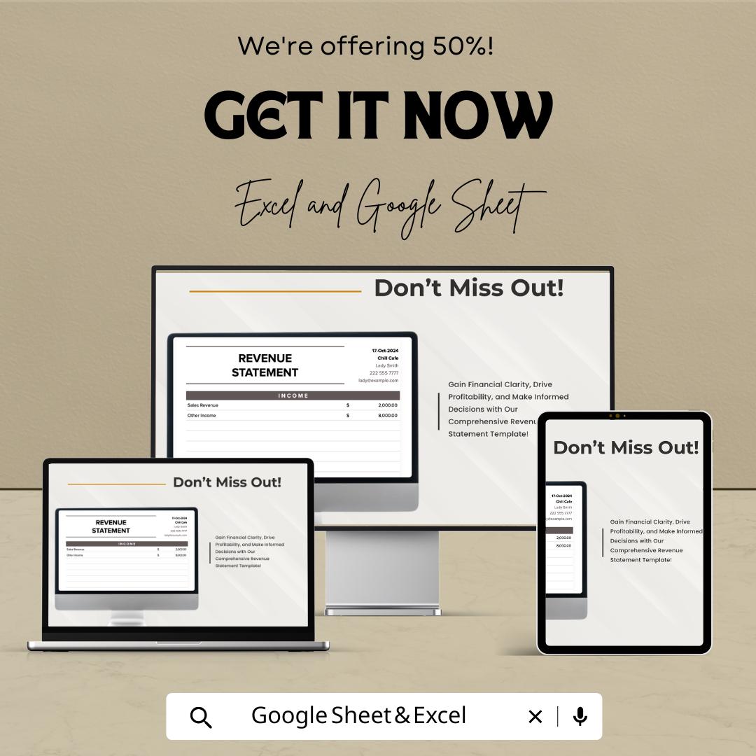 Revenue Statement Template | Excel & Google Sheets Income Statement | Business Revenue Tracker | Financial Statement Spreadsheet