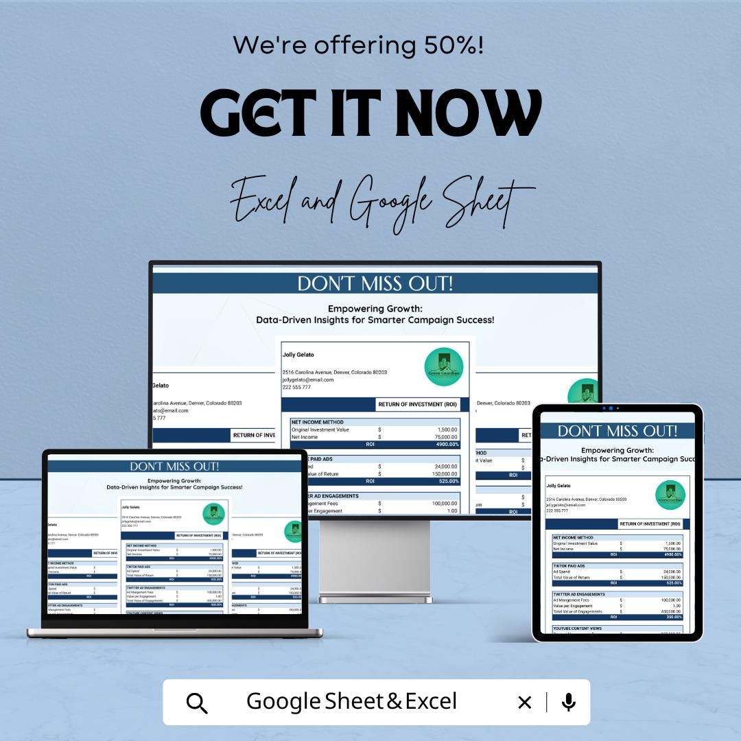 Marketing ROI Template | Return on Investment Calculator | Marketing Analytics Spreadsheet | Digital Download