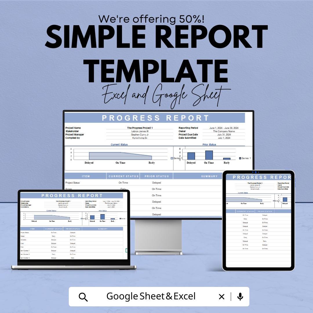 Simple Report Template | Progress Report Spreadsheet | Business Performance Tracker | Project Status Layout | Editable Report Sheet