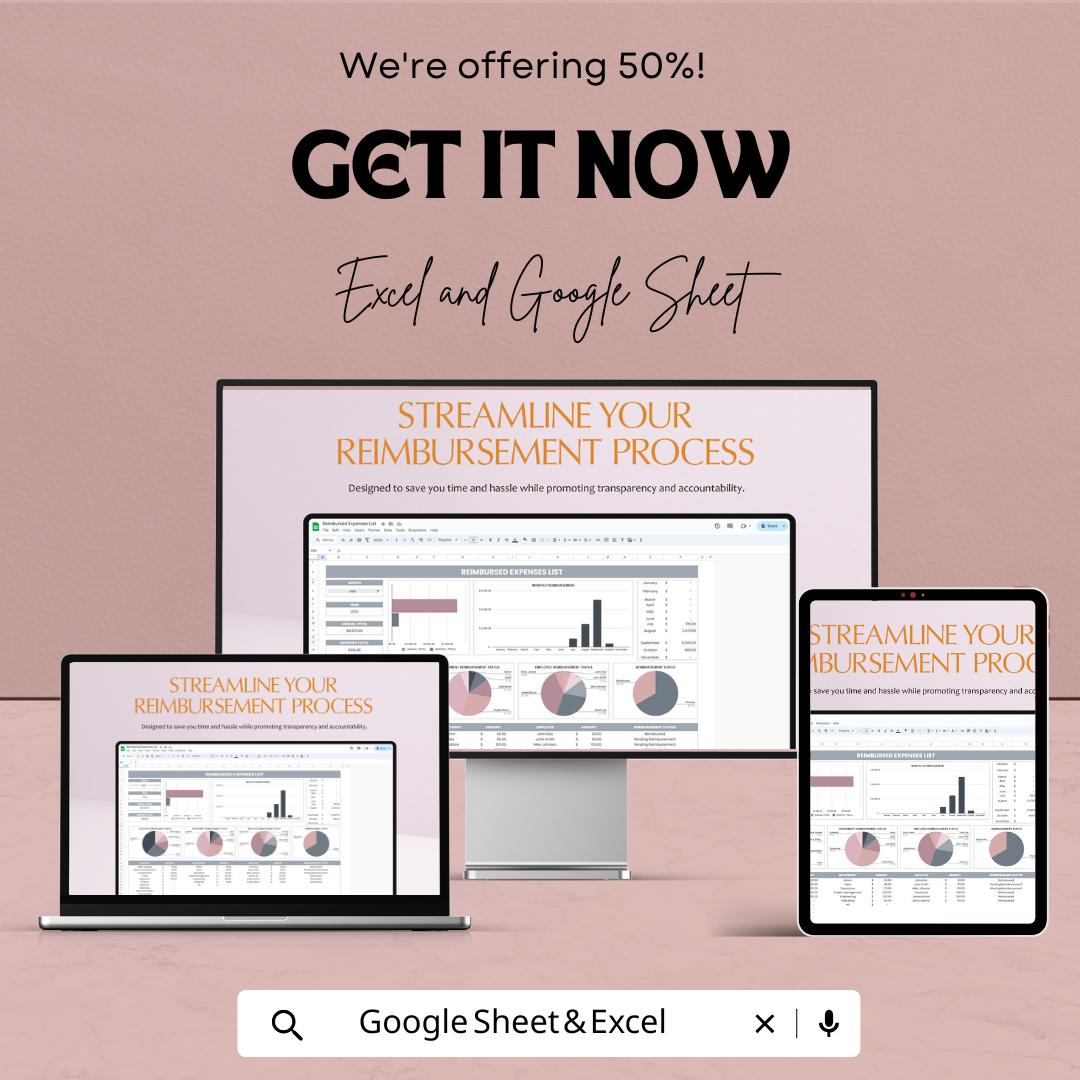 Reimbursed Expenses List Sheet | Google Sheets & Excel Reimbursement Tracker | Business Expense Log | Automated Expense Sheet