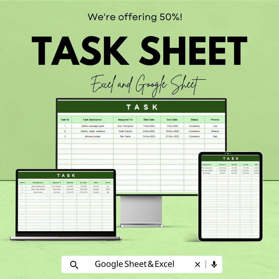 Task Sheet Template – Excel and Google Sheet | Task Management & Tracking | Organize Projects | 50% Off