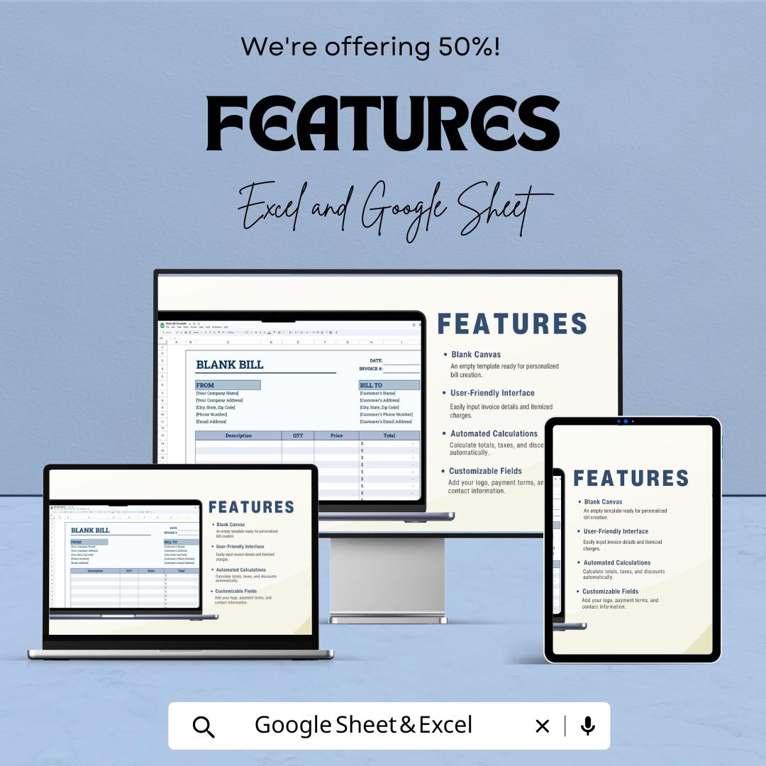Blank Bill Template Sheet – Customizable Invoice Template for Excel and Google Sheets, Professional Billing, Editable Bill Format,