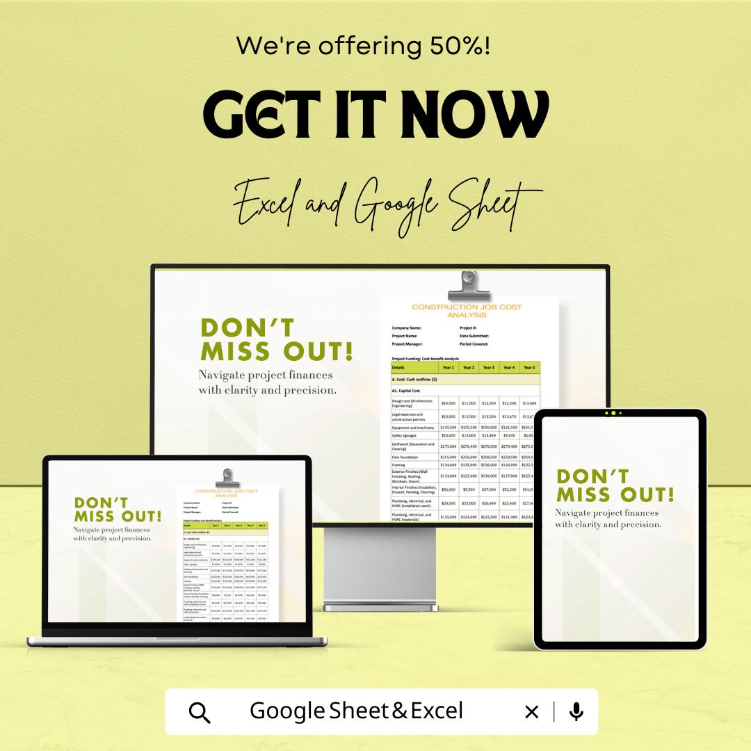 Construction Job Cost Analysis Sheet | Excel & Google Sheet | Track and Manage Project Finances | 50% Off | Instant Download