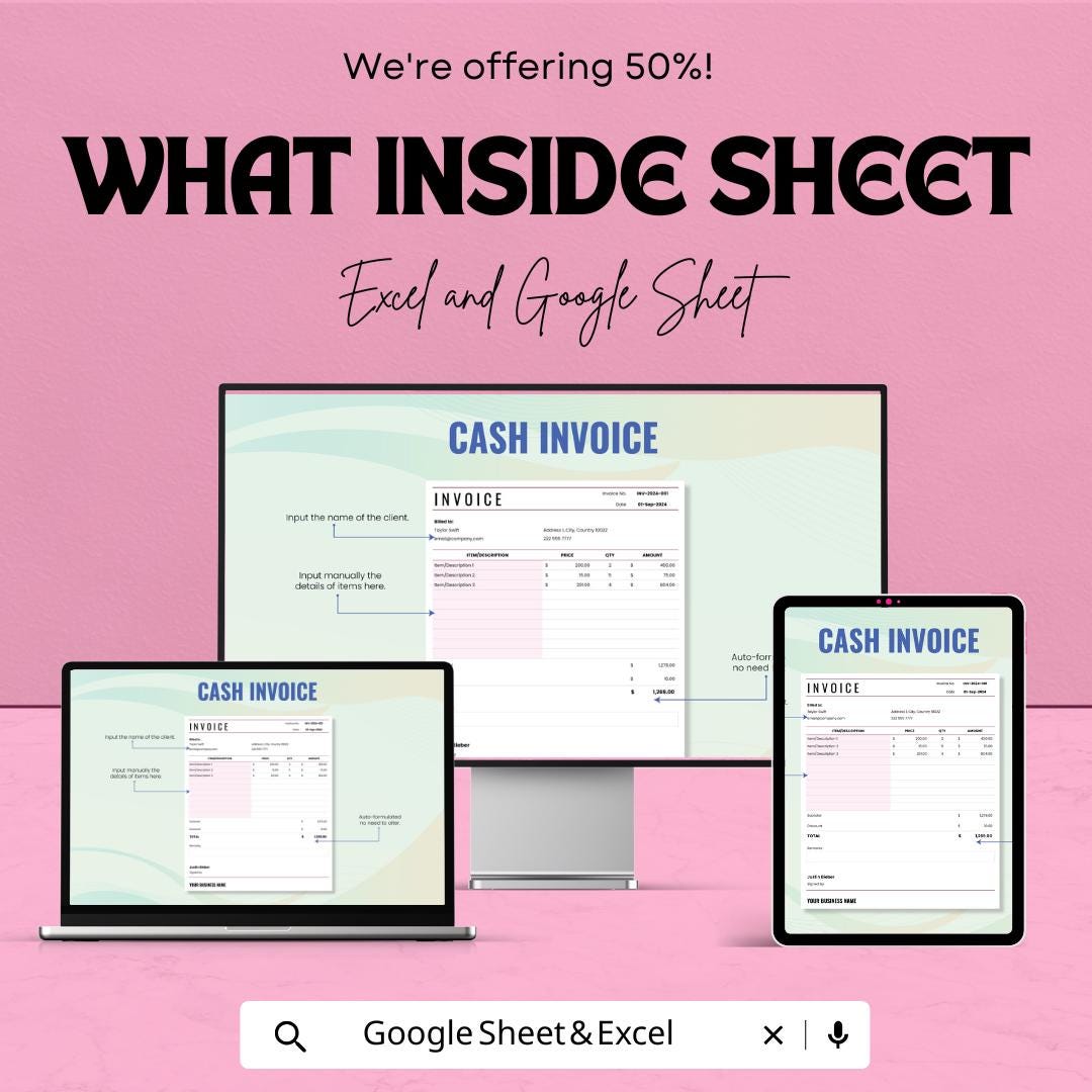 Cash Invoice Template - Excel & Google Sheets - Professional, Customizable Invoice for Businesses