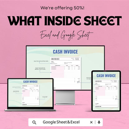 Cash Invoice Template - Excel & Google Sheets - Professional, Customizable Invoice for Businesses