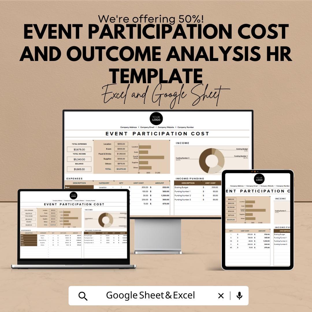 Event Participation Cost and Outcome Analysis HR Template | Excel and Google Sheets | Event Budget Tracker | Cost & Outcome Dashboard