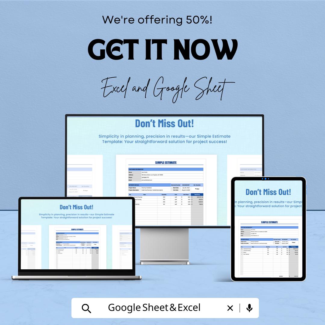 Simple Estimate Sheet for Excel and Google Sheets | Easy-to-Use Cost Estimation Template for Projects | Instant Downloadable Template