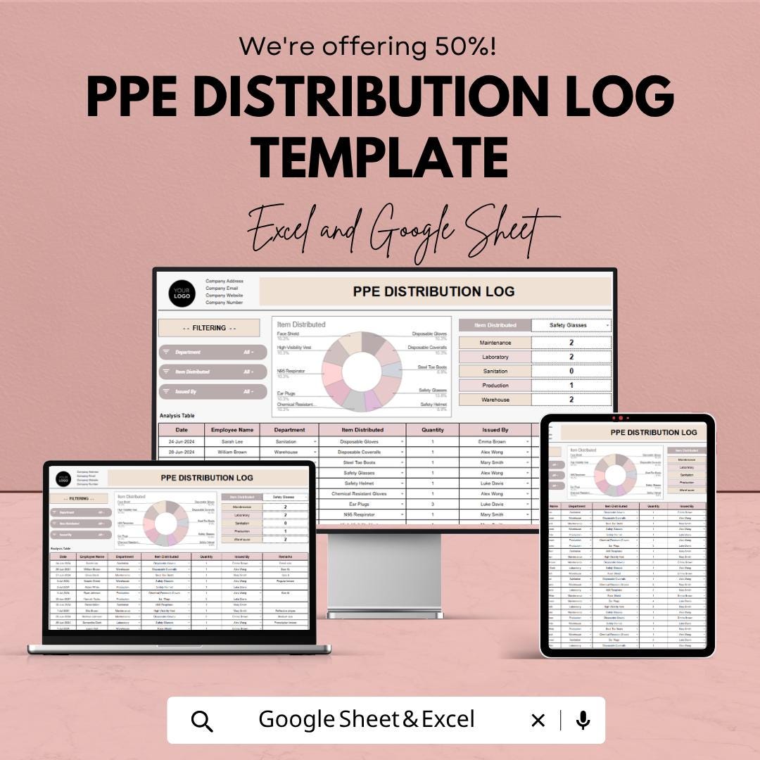 PPE Distribution Log Template | Safety Equipment Tracking Sheet | PPE Inventory Tracker | Excel & Google Sheets | Employee PPE Record Log