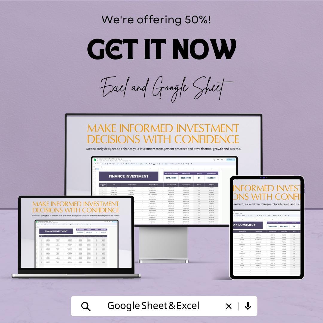 Finance Investment Template | Investment Tracker Spreadsheet | ROI Calculator | Investment Portfolio Management