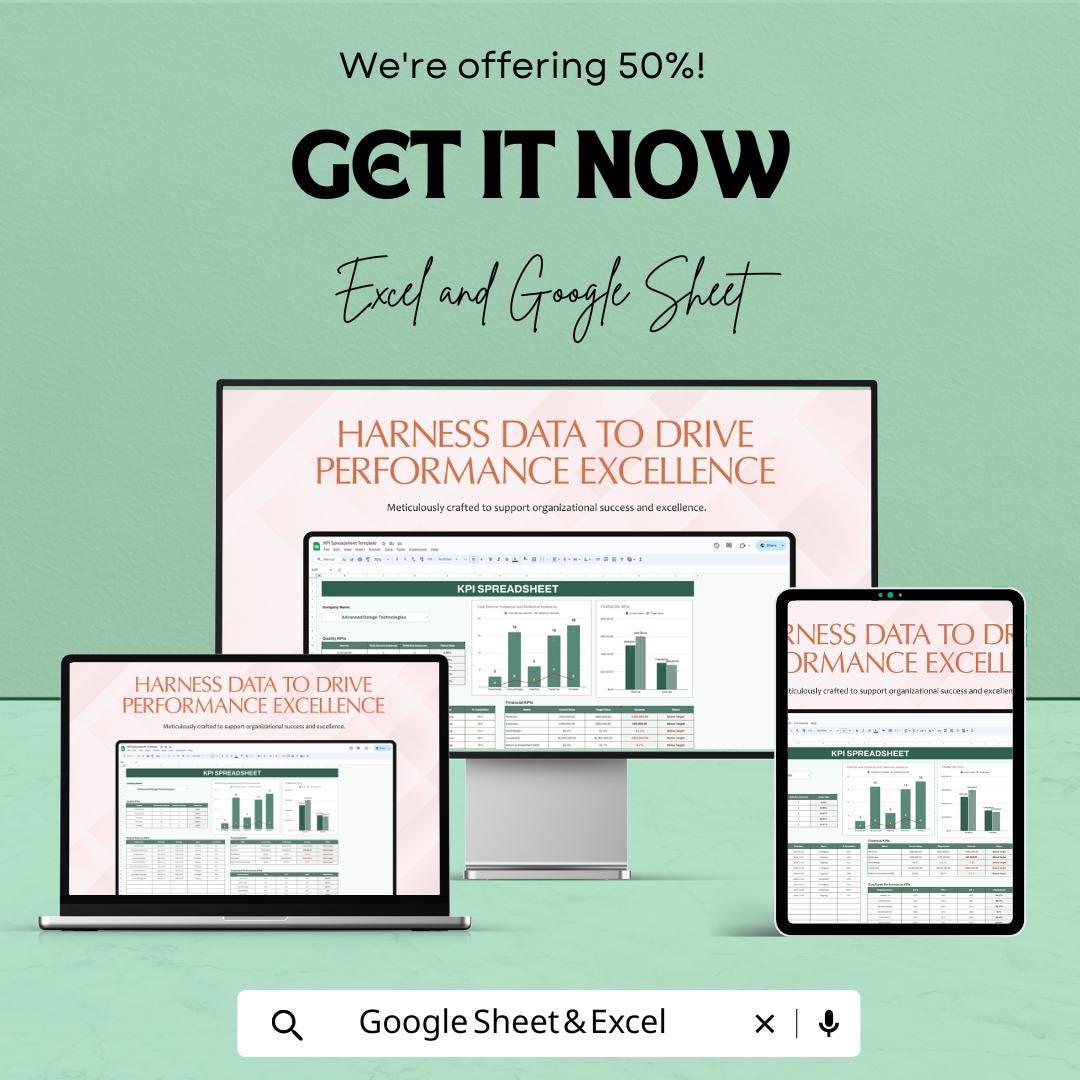 KPI Spreadsheet Template | Google Sheets & Excel Dashboard | Business KPI Tracker | Performance Metrics Report Template