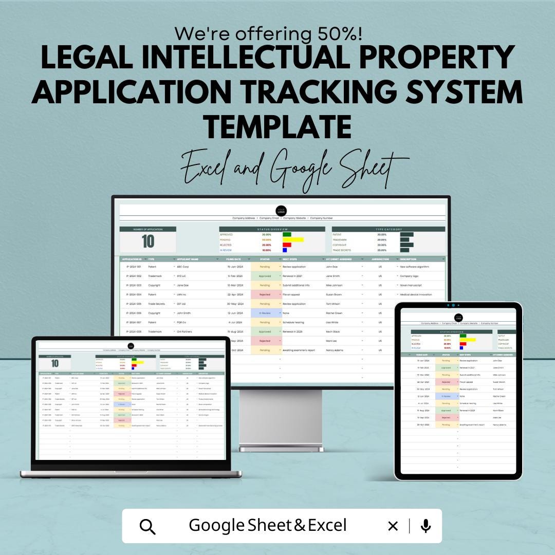 Intellectual Property Tracker Template, Patent & Trademark Log, IP Application Tracking System, Legal Case Manager