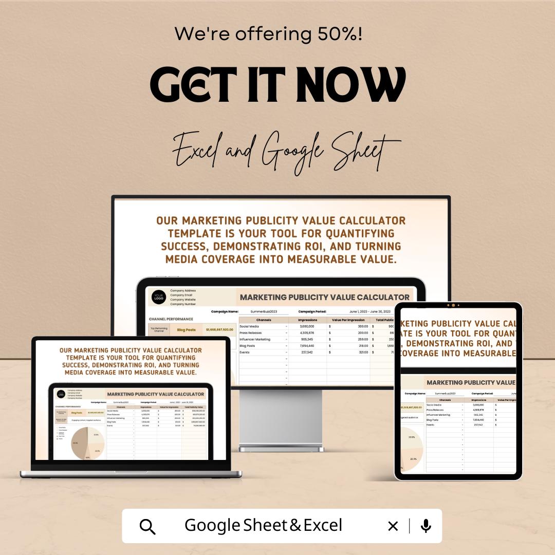 Marketing Publicity Value Calculator Template | Media Value Tracker | PR ROI Calculator | Campaign Performance Report
