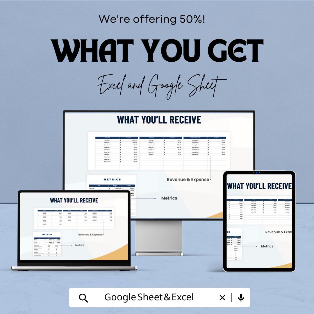 Simple KPI Template | KPI Dashboard Spreadsheet | Excel and Google Sheets KPI Tracker | Business Metrics Template | Revenue Expense