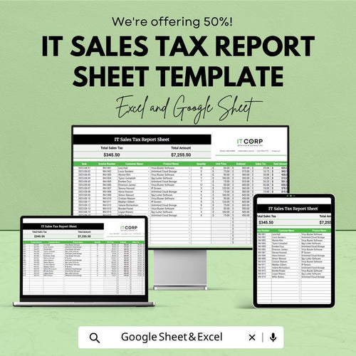 IT Sales Tax Report Template Excel | Sales Tax Tracker Spreadsheet | Invoice Tax Calculator | Business Tax Log Sheet | Google Sheets