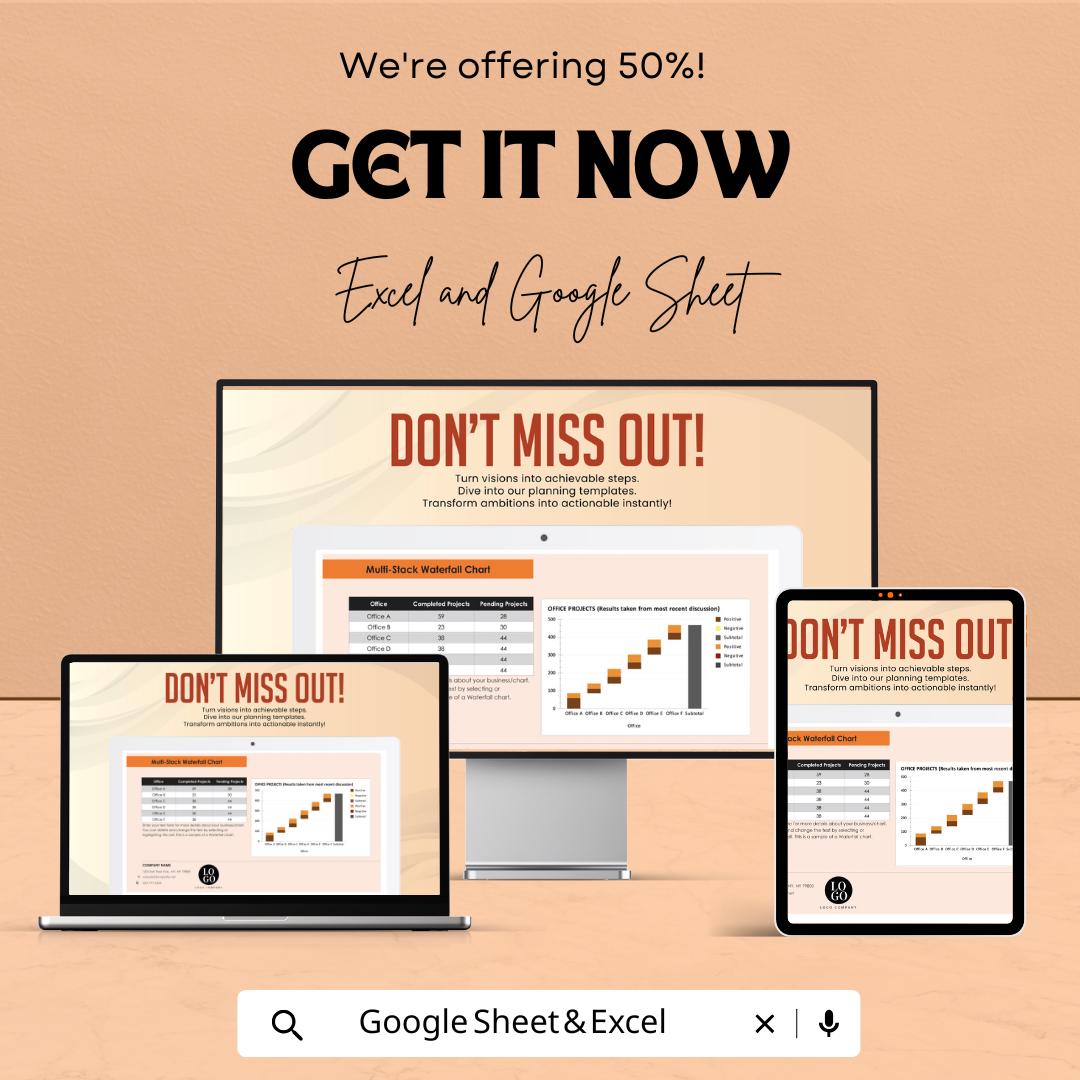 Multi-Stack Waterfall Chart Sheet for Excel & Google Sheets - 50% Off - Visualize Project Progress