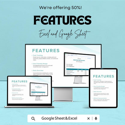 Simple Work From Home Task Sheet Template for Excel & Google Sheets | Task Management | Instant Download | 50% Off