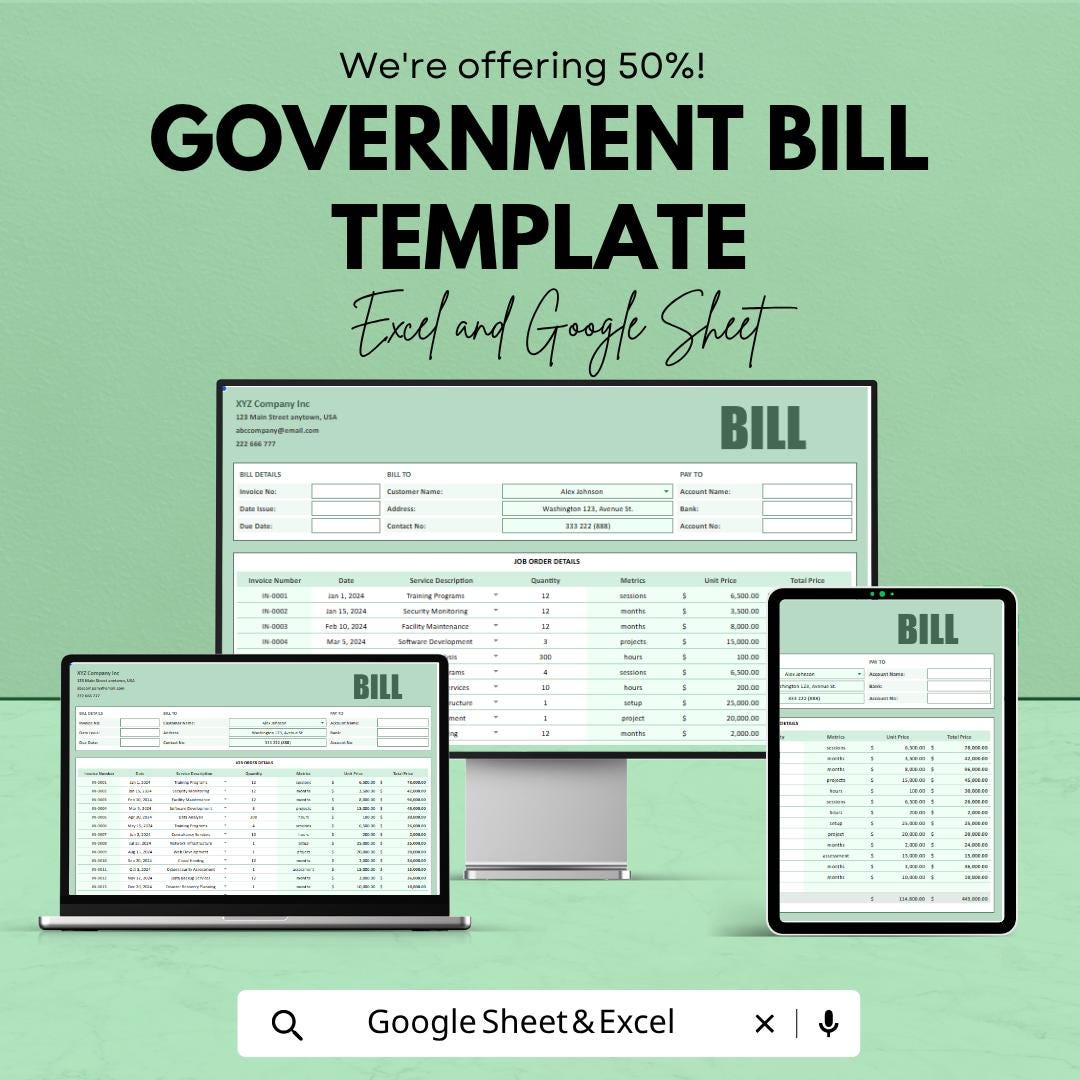 Government Bill Template | Government Invoice Spreadsheet | Official Billing Template | Excel & Google Sheets | Public Sector Payment Sheet