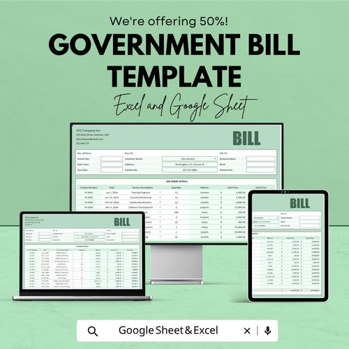 Government Bill Template | Government Invoice Spreadsheet | Official Billing Template | Excel & Google Sheets | Public Sector Payment Sheet