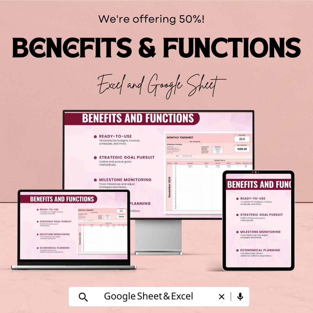 Monthly Timesheet Template - Excel and Google Sheets - Track Employee Hours & Payroll - Customizable Work Hours Sheet for Business
