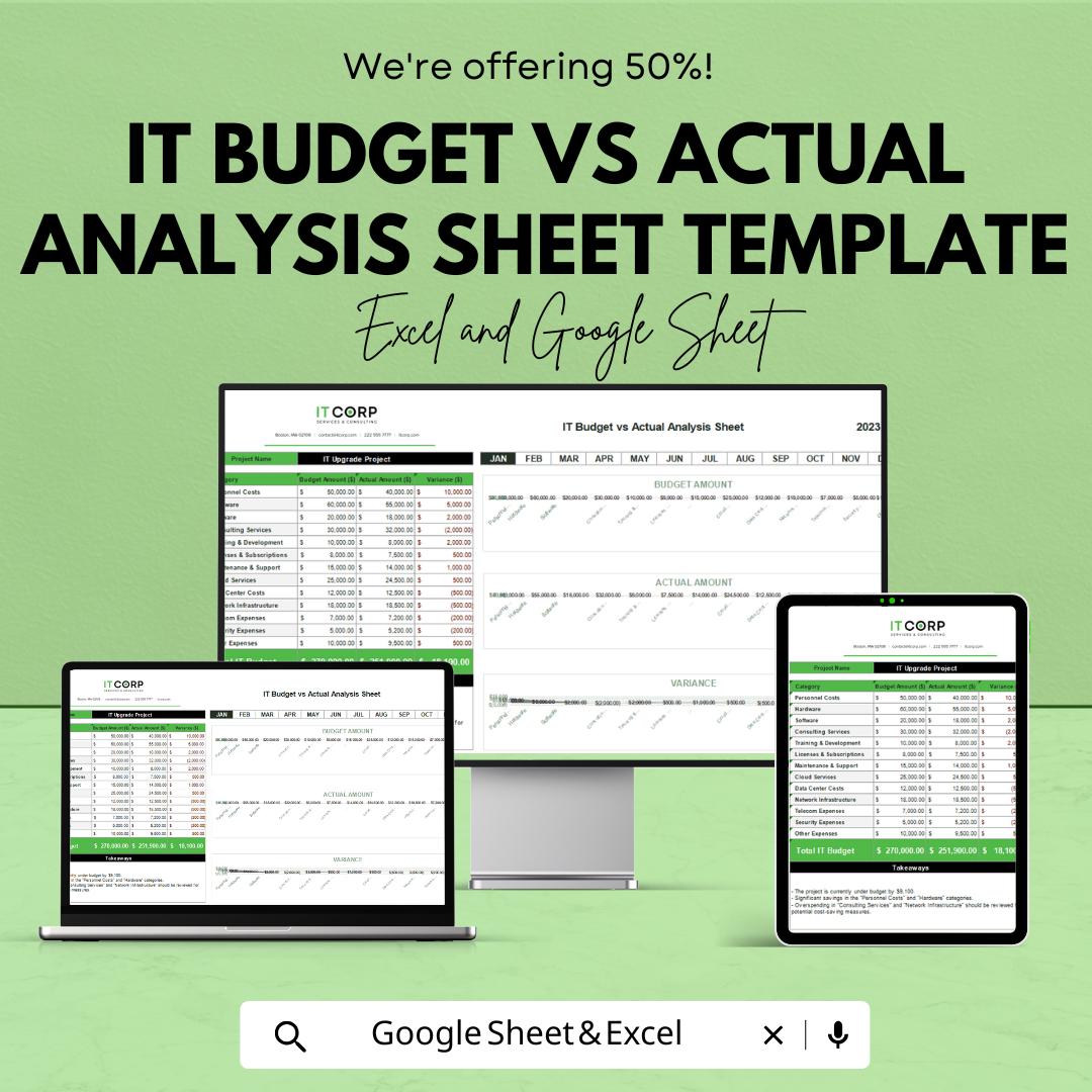 IT Budget vs Actual Analysis Sheet Template | IT Budget Tracker | Excel & Google Sheets Budget Analysis | IT Cost Management Spreadsheet