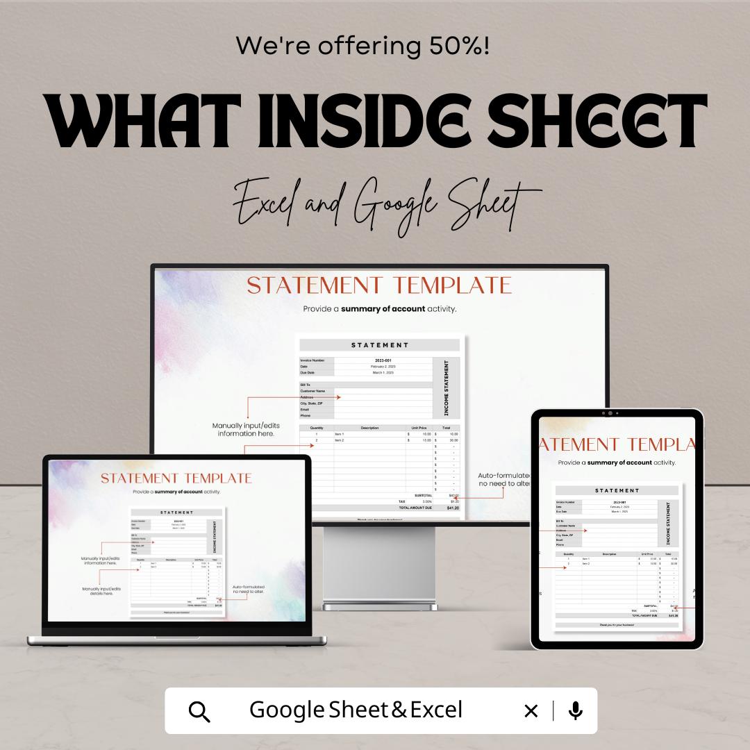 Statement Template | Invoice & Billing Tracker for Excel and Google Sheets | Business Finance Spreadsheet | Payment Record Template