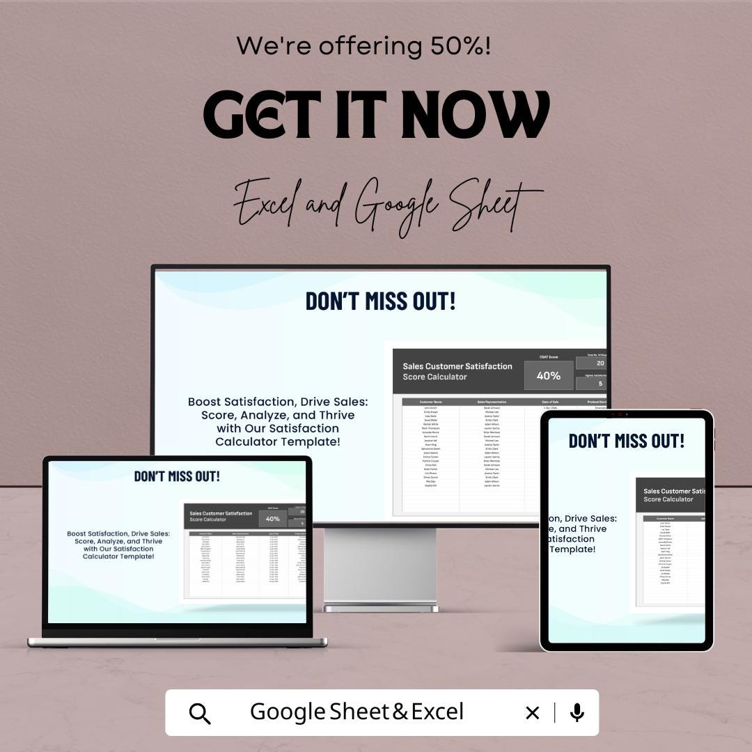 Sales Customer Satisfaction Score Calculator Sheet | Google Sheets & Excel Template | Track Customer Feedback and Sales Performance